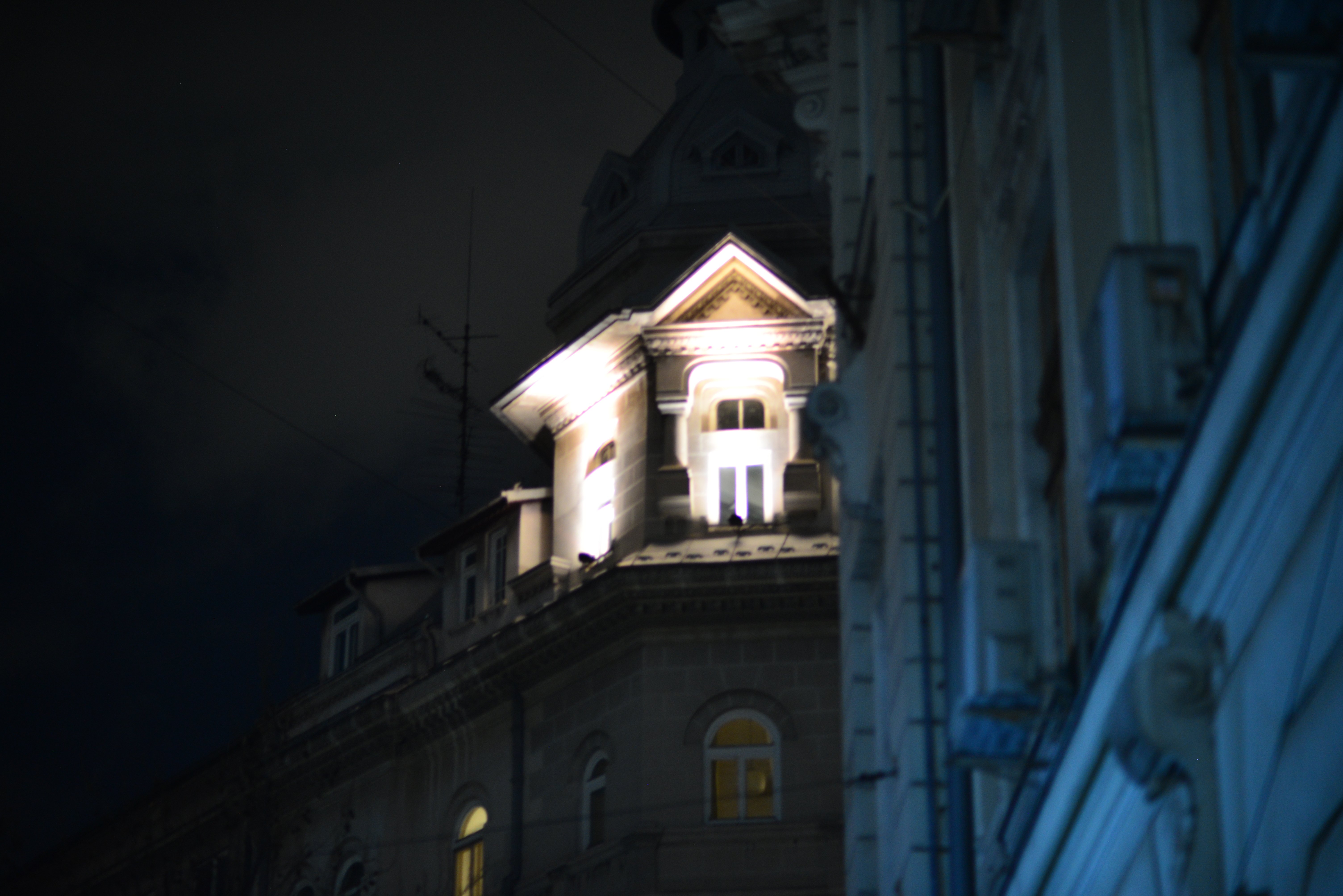 Tower corner with a single lit window